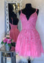 A-line V Neck Sleeveless Short/Mini Tulle Homecoming Dresses with Appliqued Beading