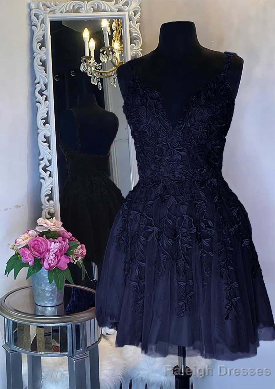 A Line V Neck Sleeveless Short Mini Tulle Homecoming Dress with Appliqued Beading Secondary image