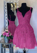 A-line V Neck Sleeveless Short/Mini Tulle Homecoming Dresses with Appliqued Beading