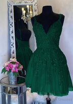 A Line V Neck Sleeveless Short Mini Tulle Homecoming Dress with Appliqued Beading