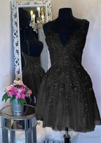 A Line V Neck Sleeveless Short Mini Tulle Homecoming Dress with Appliqued Beading