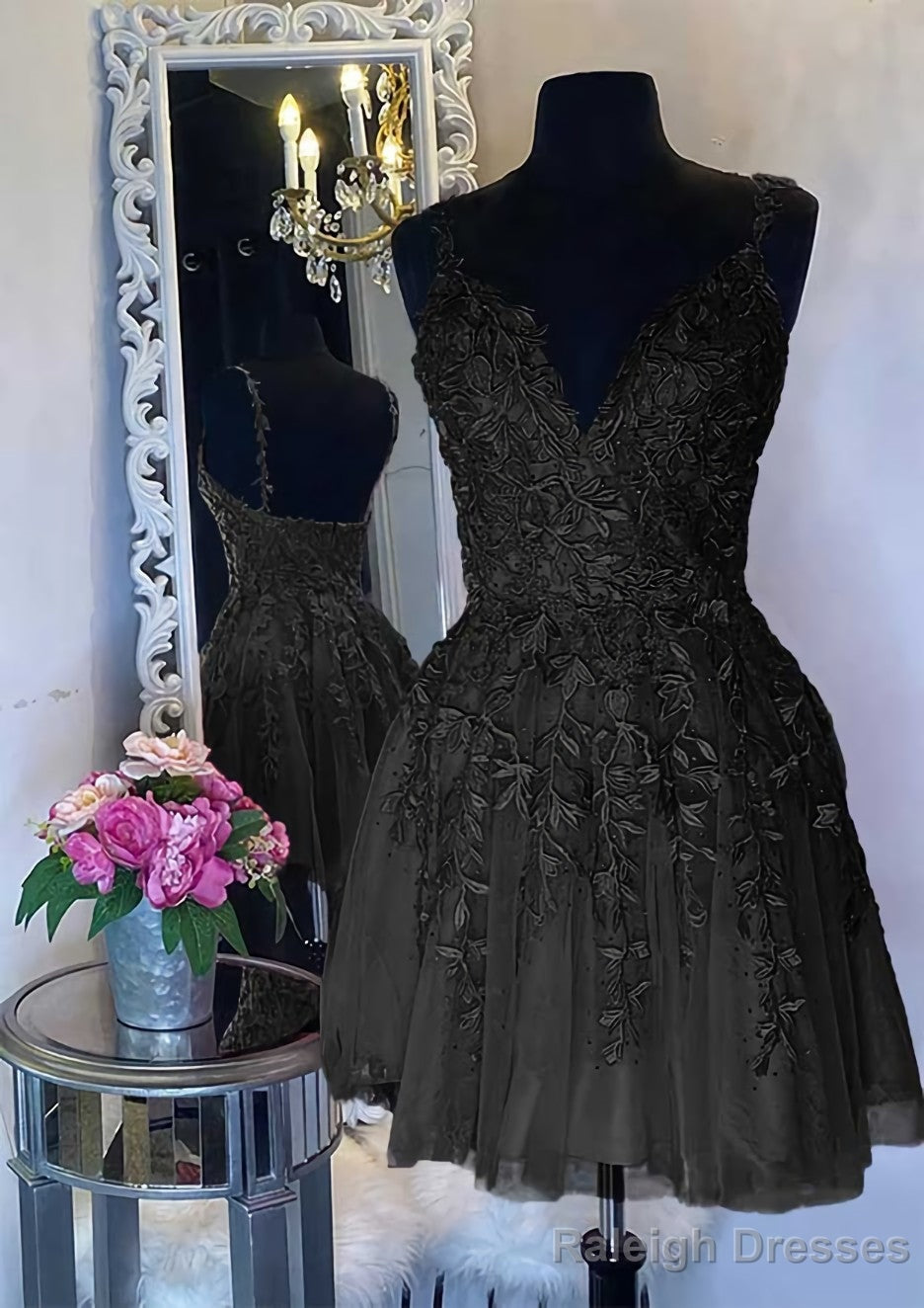 A Line V Neck Sleeveless Short Mini Tulle Homecoming Dress with Appliqued Beading