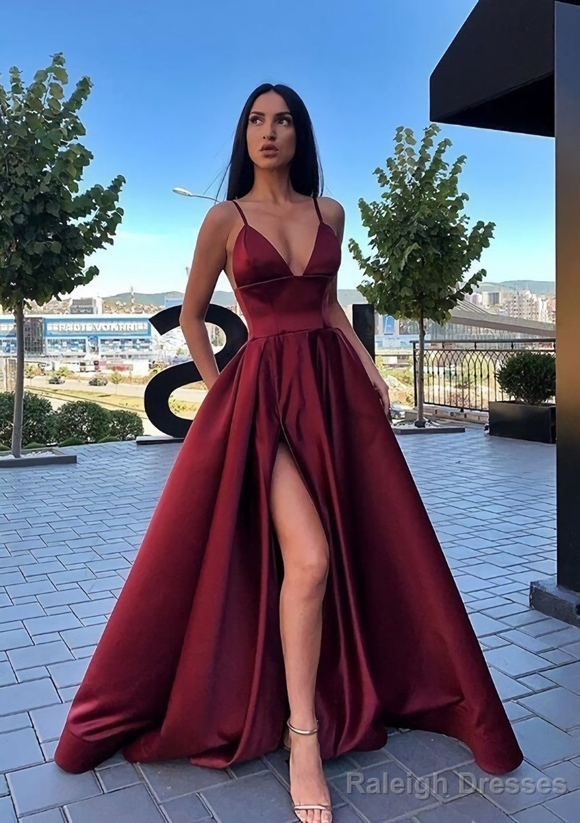 A-line V Neck Sleeveless Sweep Train Satin Prom Dresses Main image
