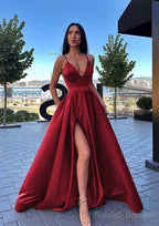 A-line V Neck Sleeveless Sweep Train Satin Prom Dresses