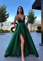 A-line V Neck Sleeveless Sweep Train Satin Prom Dresses