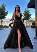A-line V Neck Sleeveless Sweep Train Satin Prom Dresses