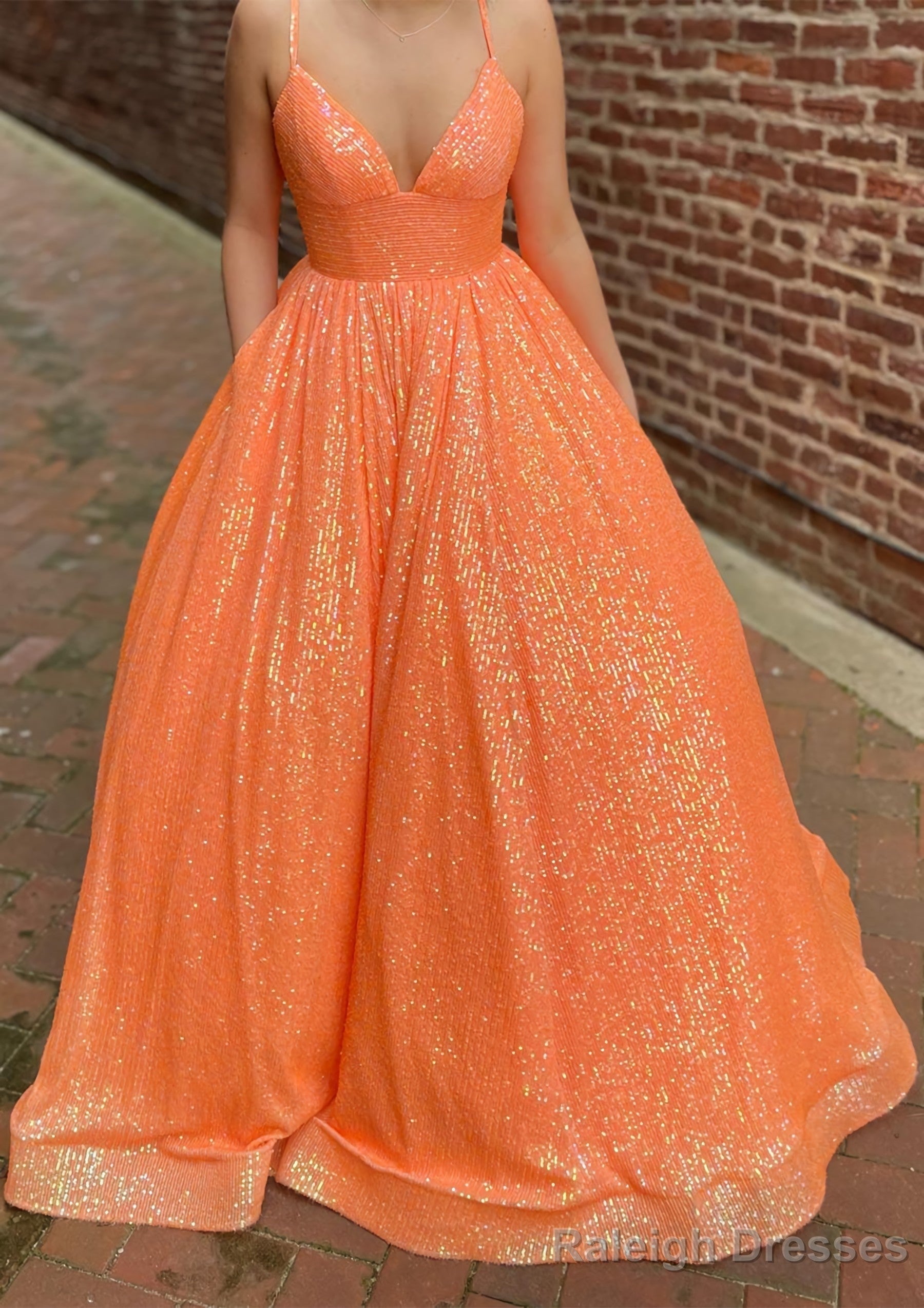 A-line V Neck Sleeveless Sweep Train Sequined Prom Dresses with Pockets Main image