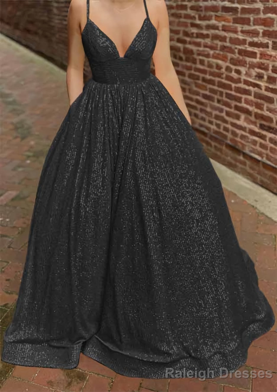 A-line V Neck Sleeveless Sweep Train Sequined Prom Dresses with Pockets