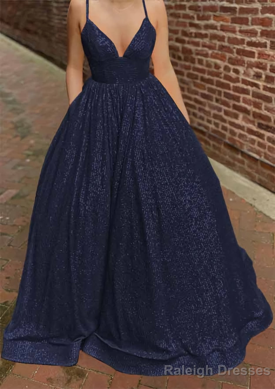 A-line V Neck Sleeveless Sweep Train Sequined Prom Dresses with Pockets Secondary image