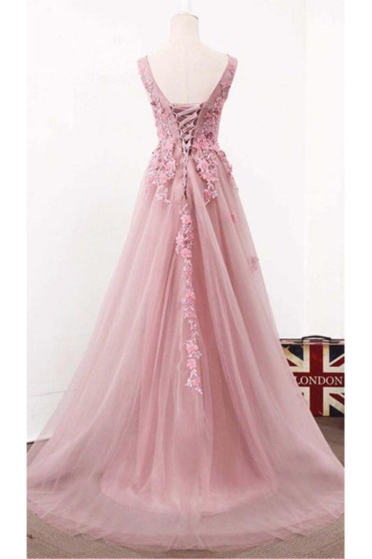 A Line V Neck Sleeveless Tulle Long with Flowers Prom Formal Prom Dress