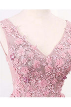 A Line V Neck Sleeveless Tulle Long with Flowers Prom Formal Prom Dress