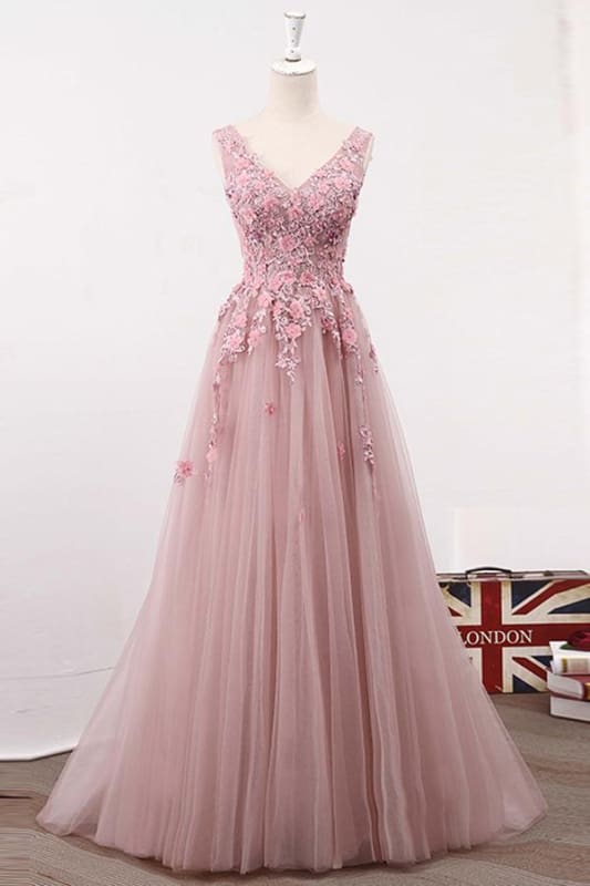 A Line V Neck Sleeveless Tulle Long with Flowers Prom Formal Prom Dress Main image