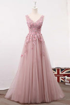 A Line V Neck Sleeveless Tulle Long with Flowers Prom Formal Prom Dress