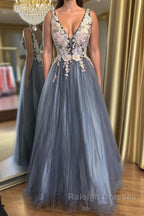 A Line V Neck Smoke Blue Long Prom Dress with Lace Appliques, Floral Smoke Blue Formal Graduation Evening Dress