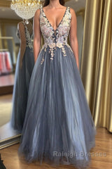 A Line V Neck Smoke Blue Long Prom Dress with Lace Appliques, Floral Smoke Blue Formal Graduation Evening Dress