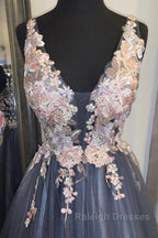 A Line V Neck Smoke Blue Prom Dresses Long with Lace Appliques Floral Smoke Blue Prom Graduation Prom Dresses
