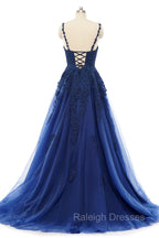 A Line V Neck Spaghetti strap Floor Length Sleeveless Backless Appliques Lace Elegant Prom Dress