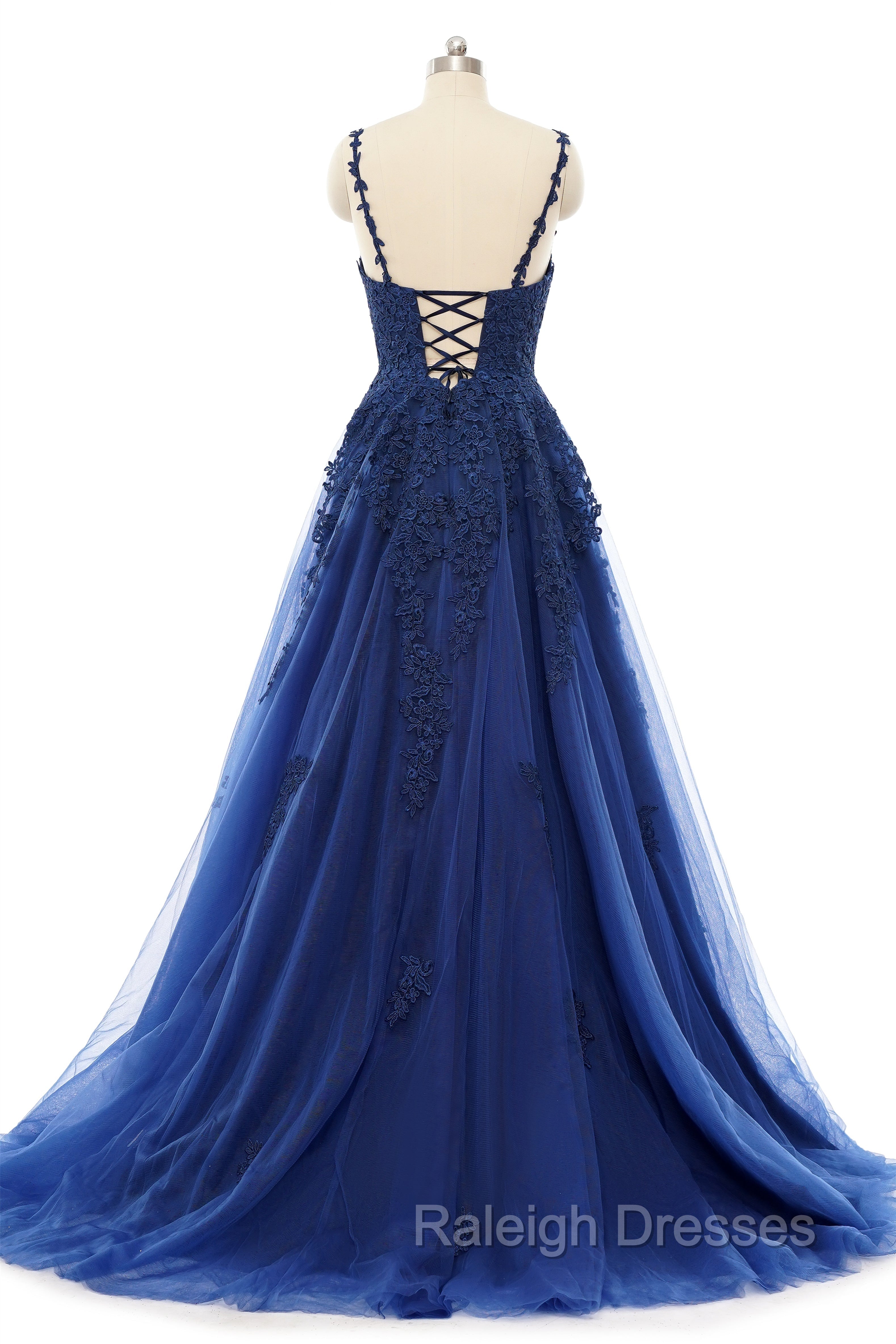 A Line V Neck Spaghetti strap Floor Length Sleeveless Backless Appliques Lace Elegant Prom Dress