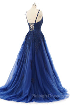 A Line V Neck Spaghetti strap Floor Length Sleeveless Backless Appliques Lace Elegant Prom Dress