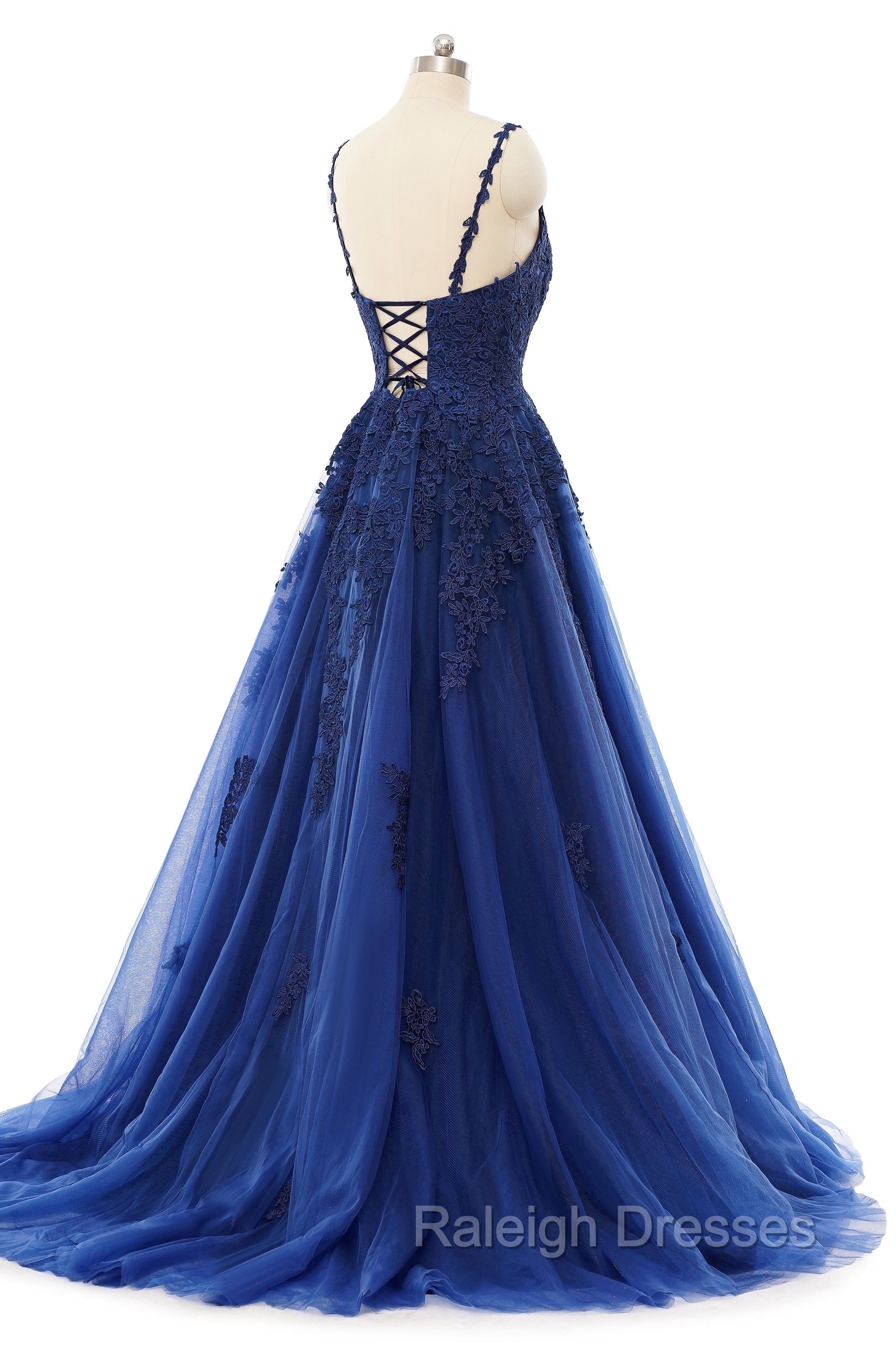 A Line V Neck Spaghetti strap Floor Length Sleeveless Backless Appliques Lace Elegant Prom Dress