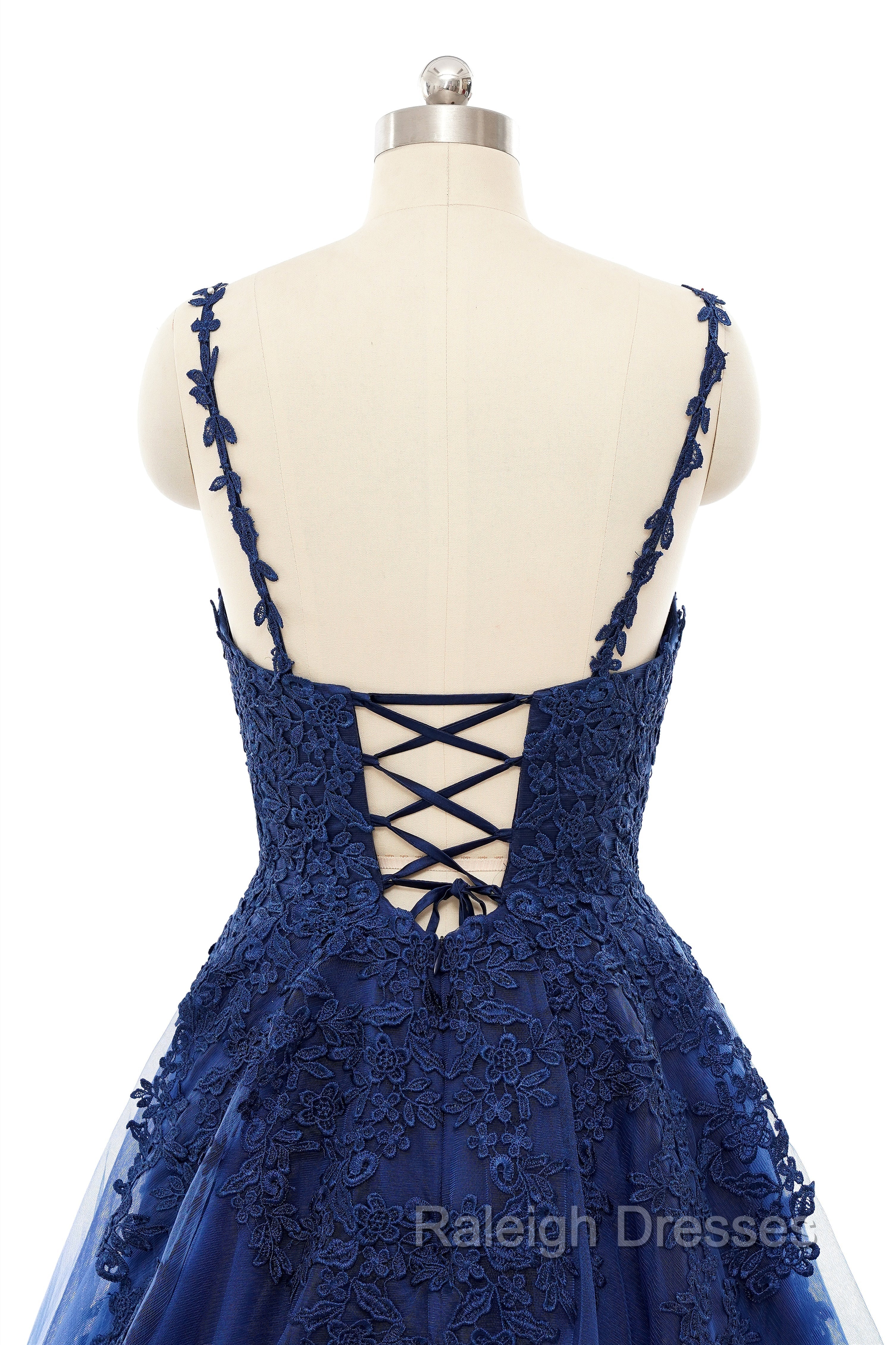 A-line V-neck Spaghetti strap Floor-length Sleeveless Backless Appliques Lace Elegant Prom Dress