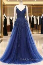 A Line V Neck Spaghetti strap Floor Length Sleeveless Backless Appliques Lace Elegant Prom Dress