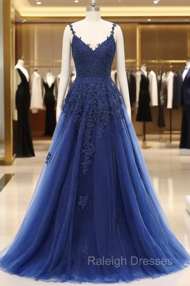A Line V Neck Spaghetti strap Floor Length Sleeveless Backless Appliques Lace Elegant Prom Dress