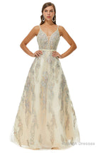 A-line V-neck Spaghetti strap Lace Floor-length Sleeveless Beading Prom Dresses