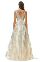 A-line V-neck Spaghetti strap Lace Floor-length Sleeveless Beading Prom Dresses