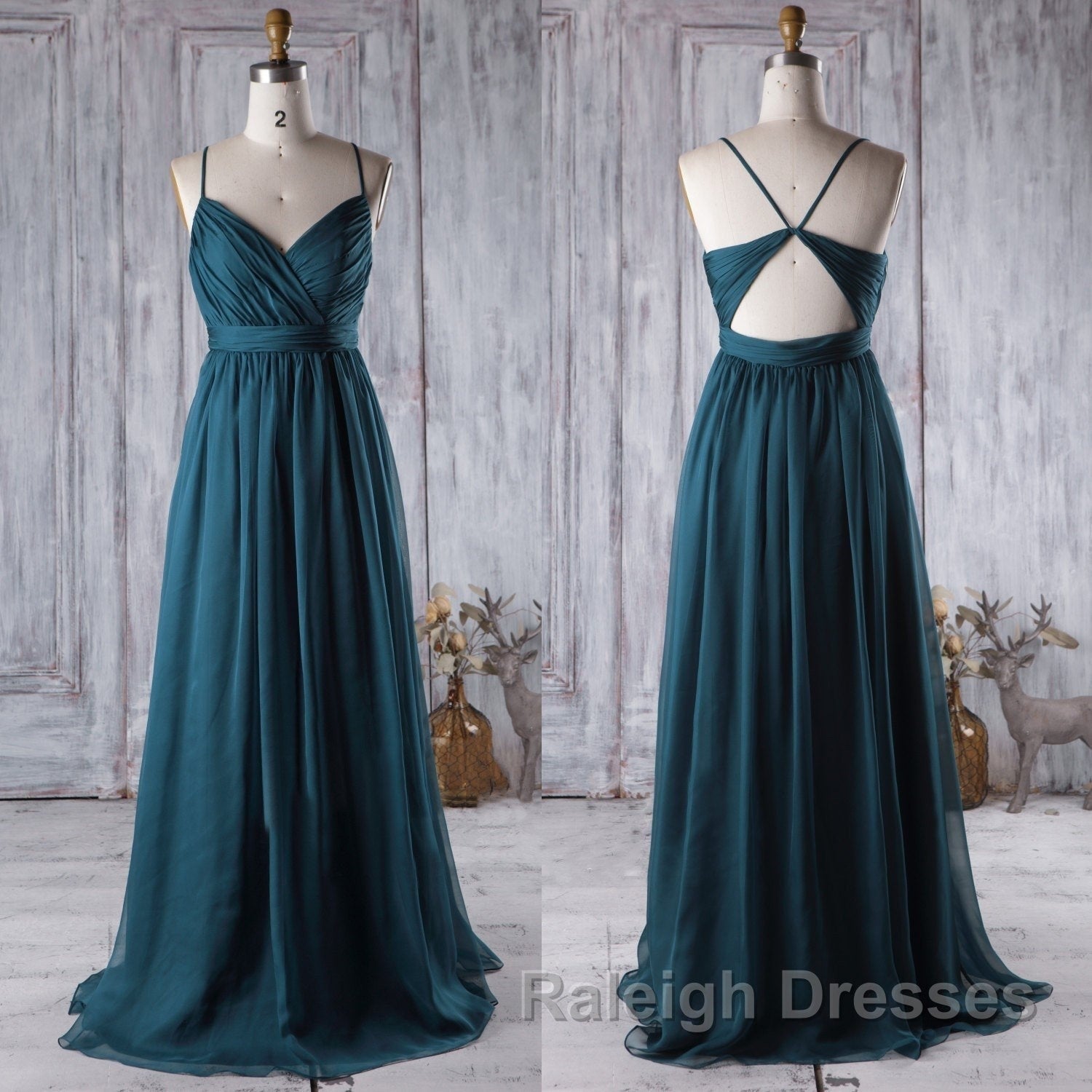 A Line V Neck Spaghetti Strap Peacock Blue Chiffon Long Prom Dresses V
