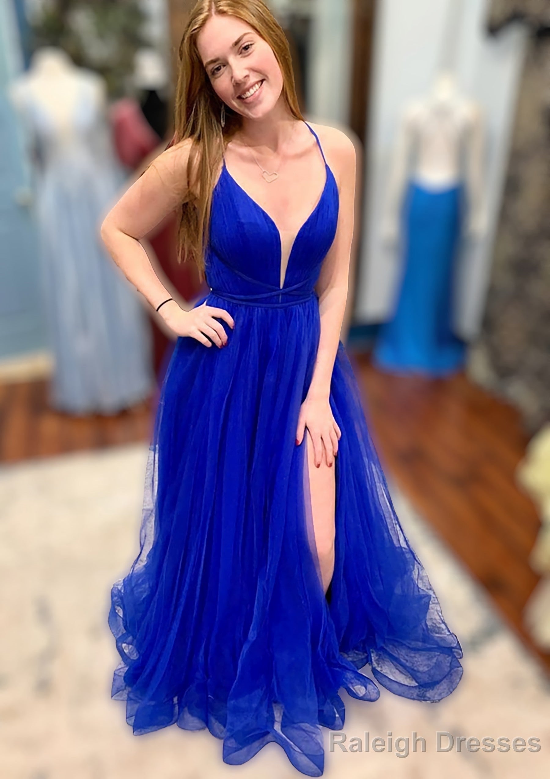 A Line V Neck Spaghetti Straps Court Train Tulle Prom Dress With Split Main image