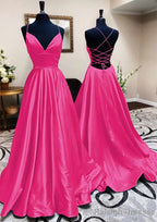 A-line V Neck Spaghetti Straps Long/Floor-Length Charmeuse Prom Dresses With Pleated
