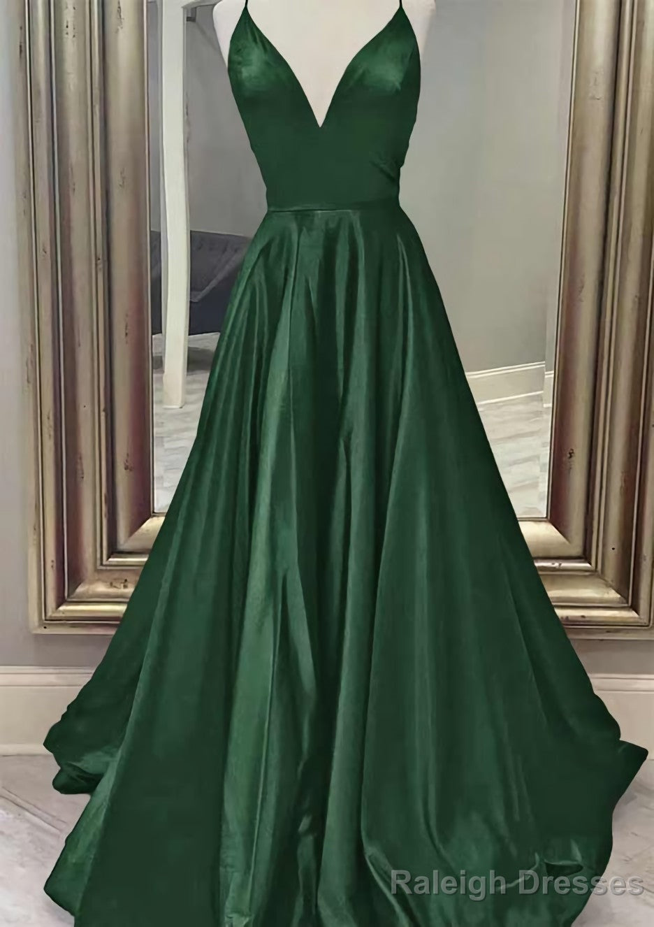 A Line V Neck Spaghetti Straps Long Dress Floor Length Charmeuse Prom Dress With Pockets