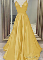 A Line V Neck Spaghetti Straps Long Dress Floor Length Charmeuse Prom Dress With Pockets