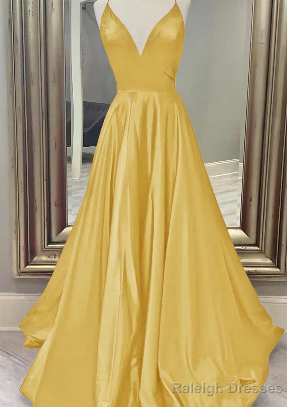 A Line V Neck Spaghetti Straps Long Dress Floor Length Charmeuse Prom Dress With Pockets
