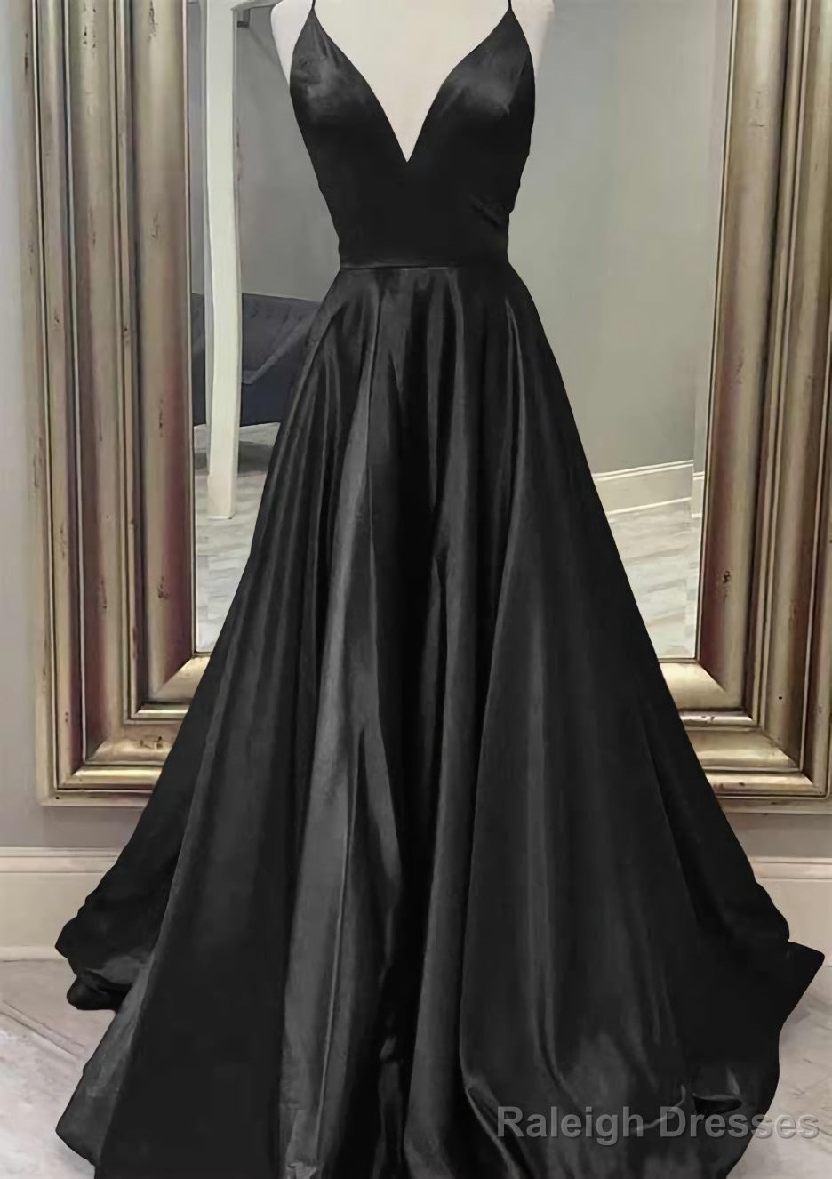 A Line V Neck Spaghetti Straps Long Dress Floor Length Charmeuse Prom Dress With Pockets