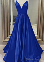 A Line V Neck Spaghetti Straps Long Dress Floor Length Charmeuse Prom Dress With Pockets