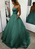 A-line V Neck Spaghetti Straps Long/Floor-Length Glitter Prom Dresses With Pockets