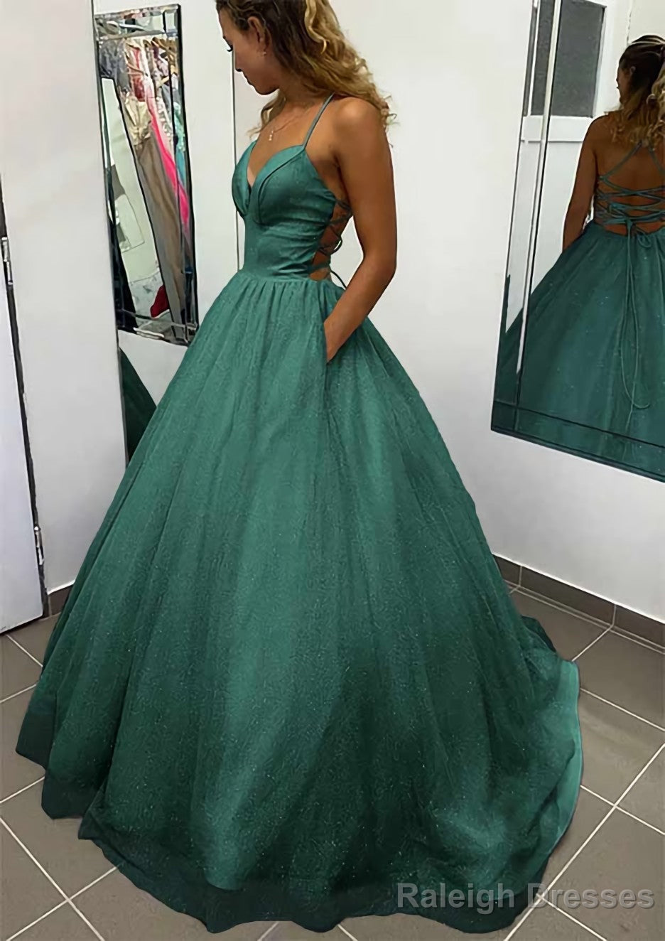 A Line V Neck Spaghetti Straps Long Dress Floor Length Glitter Prom Dress With Pockets