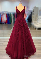 A Line V Neck Spaghetti Straps Long Dress Floor Length Lace Prom Dress With Beading