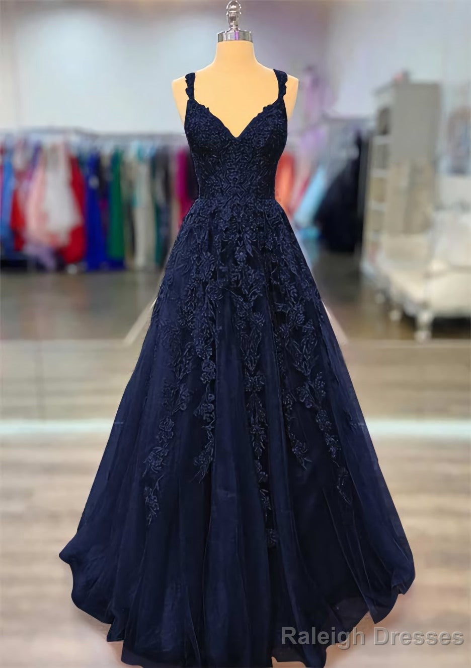 A-line V Neck Spaghetti Straps Long/Floor-Length Lace Prom Dresses With Beading Secondary image