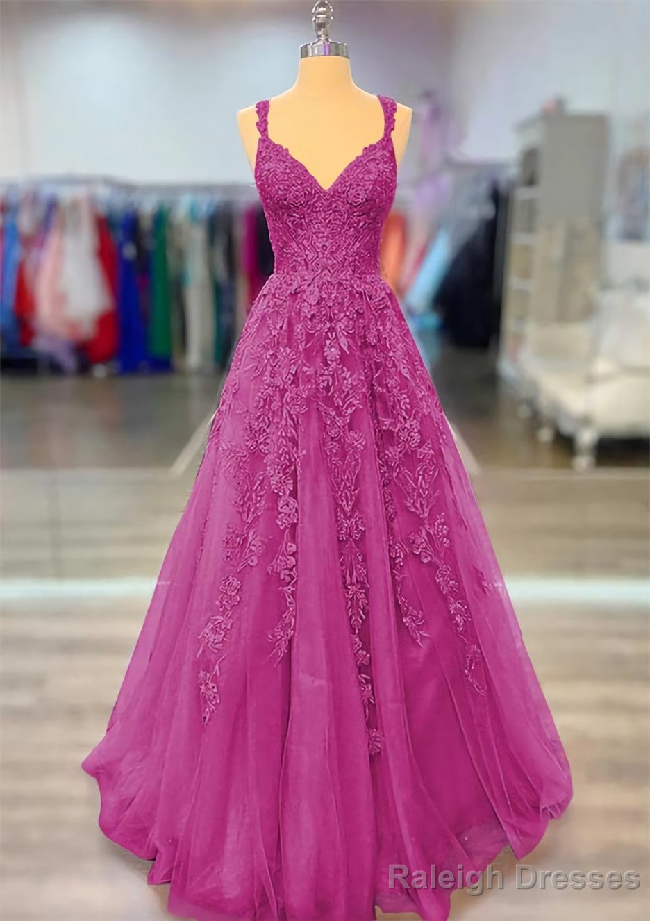 A Line V Neck Spaghetti Straps Long Dress Floor Length Lace Prom Dress With Beading