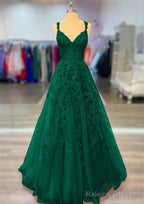 A Line V Neck Spaghetti Straps Long Dress Floor Length Lace Prom Dress With Beading