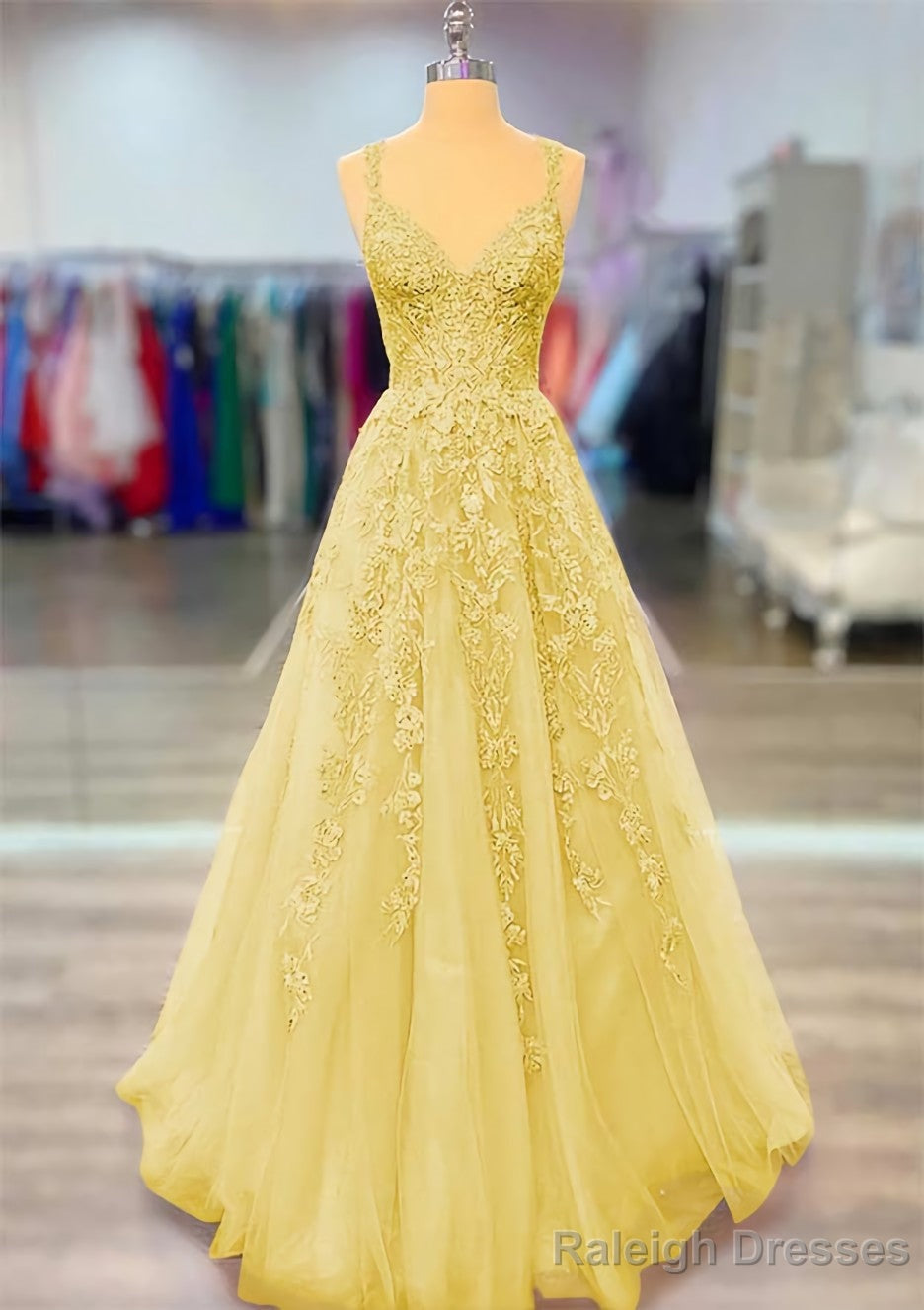 A Line V Neck Spaghetti Straps Long Dress Floor Length Lace Prom Dress With Beading