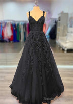 A-line V Neck Spaghetti Straps Long/Floor-Length Lace Prom Dresses With Beading