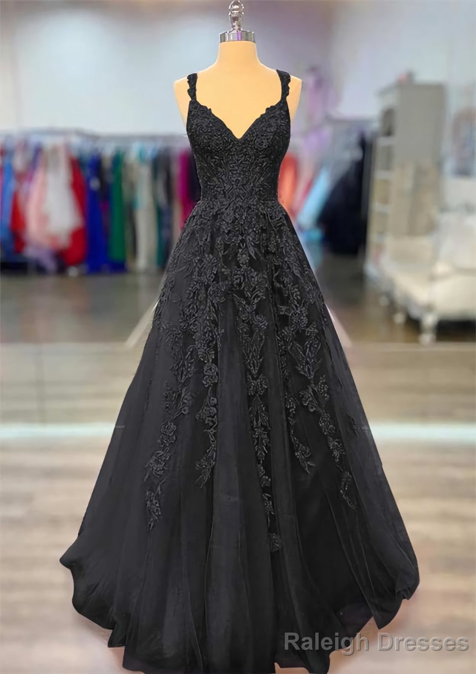A Line V Neck Spaghetti Straps Long Dress Floor Length Lace Prom Dress With Beading