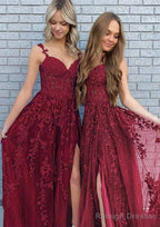 A Line V Neck Spaghetti Straps Long Dress Floor Length Lace Prom Dress With Split