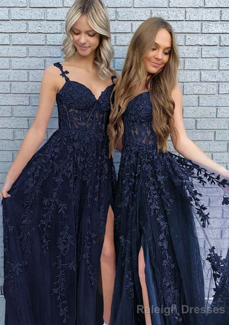 A-line V Neck Spaghetti Straps Long/Floor-Length Lace Prom Dresses With Split Secondary image