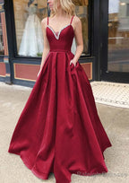 A Line V Neck Spaghetti Straps Long Dress Floor Length Satin Prom Dress With Beading Pockets