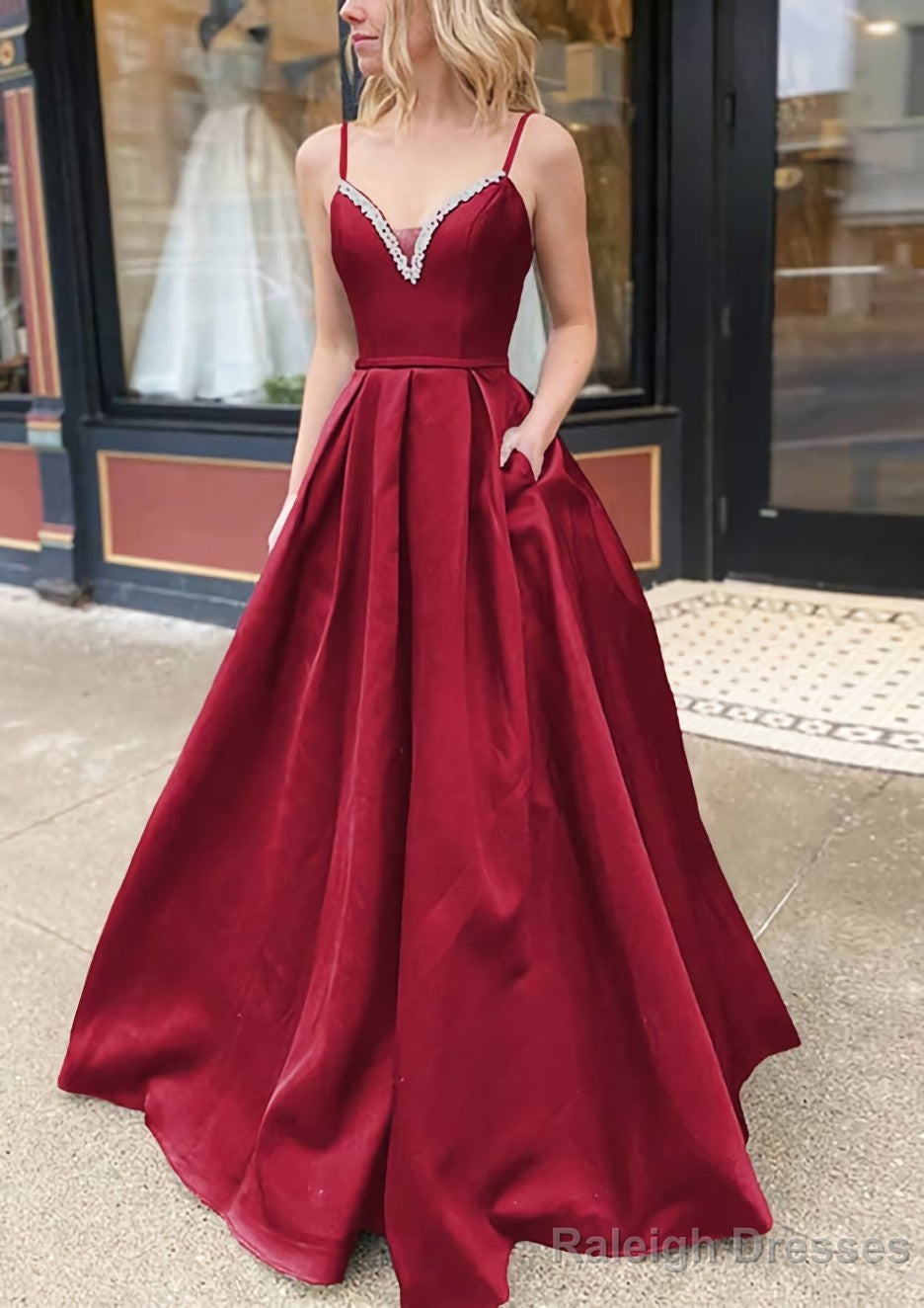 A Line V Neck Spaghetti Straps Long Dress Floor Length Satin Prom Dress With Beading Pockets